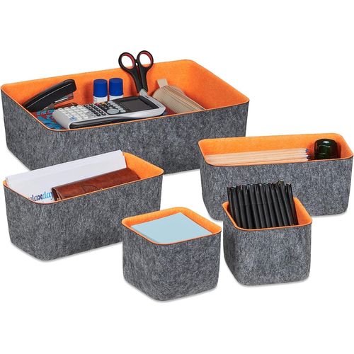 Paniers de Rangement en Feutre,Lot de 5,Organiseur de tiroir pour Bureau,3 Tailles,corbeilles,Gris/Orange
