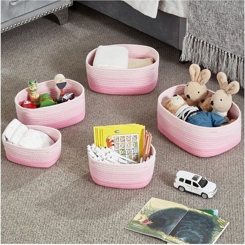 Tianyi-Lot De 5 Petits Paniers De Rangement Ovales Décoratifs En Corde De Coton Tissée Pour Étagère, Clés, Serviette Et Pot De Fleurs, Sans Plis, Matériau Doux, Inodore (Rose)