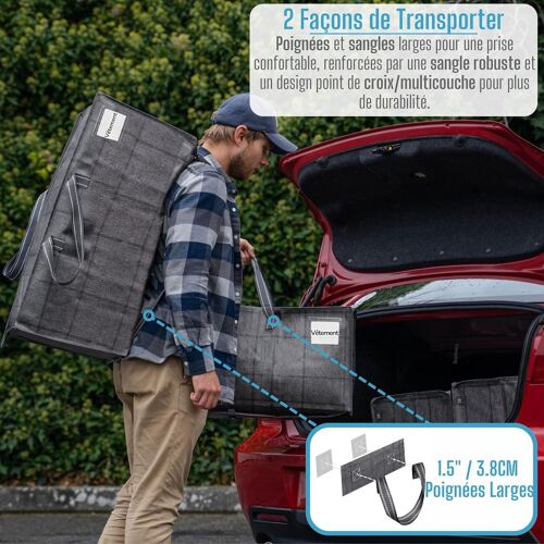 SJZG-Lot De 2 Sac Rangement Vêtements Grand, Sacs Déménagement Pliable Avec Sangles De Sac À Dos Et Poignées Solides, Alternatives Aux Cartons De Déménagement (Windowpane Noir, Lot De 2)