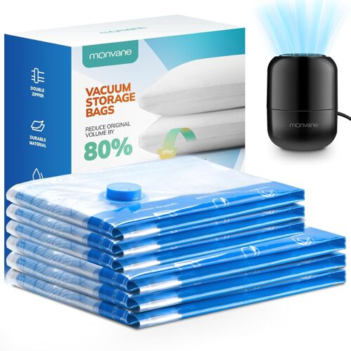 TZF-Pompe Électrique et Sac Sous Vide 6 Pack - 3XL 80x100cm 3L 60x80cm, Housse de Rangement Sous Vide Aspirateur pour Vêtements, Couettes, Matelas