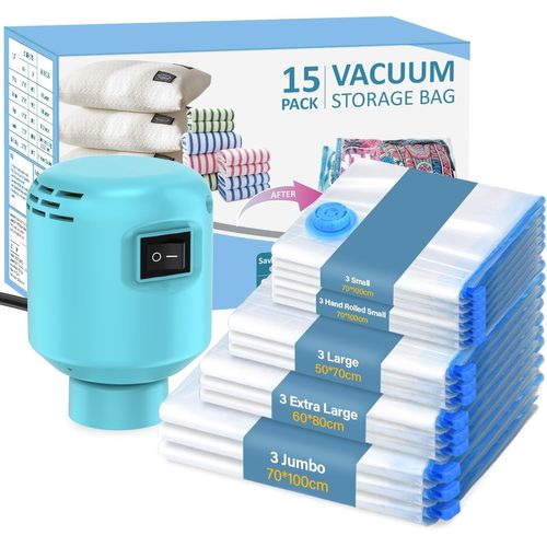 Lot de 15 sacs sous vide pour vêtements, couettes, avec pompe électrique, pour voyage, dégonflage rapide, peu encombrant, anti-poussière et imperméable, taille plus pour plus de compression