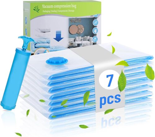 SJZG-Lot De 7 Sacs Sous Vide Pour Couettes Jumbo 100 X 80 Cm - 80% D'Économie D'Espace - Sacs Sous Vide Pour Vêtements - Grand Sac De Rangement Réutilisable - Pompe À Main Incluse