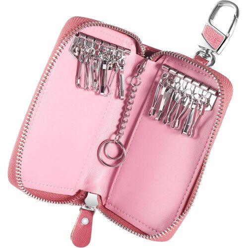 Etuis Porte Clés Cuir,Pochette Porte Clef Cuir Porte-Clé Voiture Porte-monnaie Sac à poche Sécurité Multifonctionnel Fermeture Éclair Classique Casual,avec 12 crochet Clip.[D40]