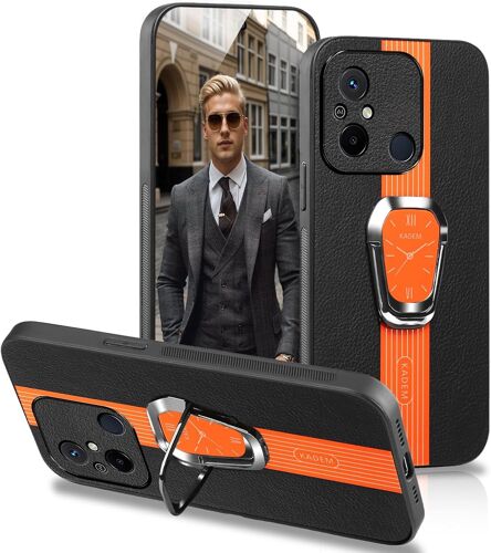 Coque pour Xiaomi Redmi 12C Étui avec Design de Cadran de Montre et Ring Anneau Premium Cuir Housse Cover Compatible avec Support Magnetic Magnétique Antichoc Protection Case Bumper,Orange