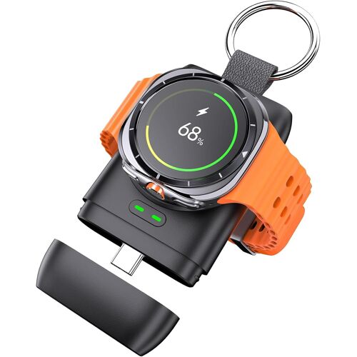 Chargeur de montre Samsung Galaxy pour 7/6/5/4/3/Ultra/Active2 ¿ Chargeur sans fil de voyage USB-C 1400 mAh compact avec porte-clés (compatible avec Galaxy Watch 7 Ultra/6 Classic)
