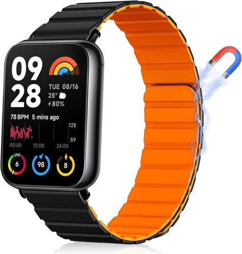 Silicone Bracelet pour Xiaomi Redmi Watch 5/Redmi Watch4,Magnétique Bracelets de Remplacement pour Xiaomi Smart Band 9 Pro/Mi Band 8 Pro-Orange Noir