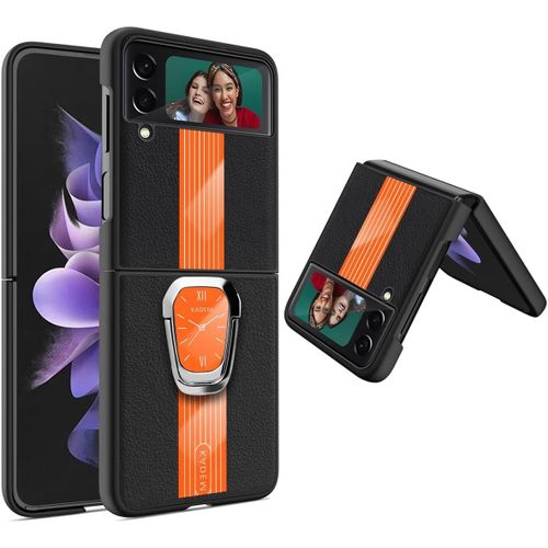 Coque Pour Samsung Galaxy Z Flip 4 5g Étui Avec Design De Cadran De Montre Et Ring Anneau Premium Cuir Housse Cover Compatible Avec Support Magnetic Antichoc Protection Case Bumper,Orange