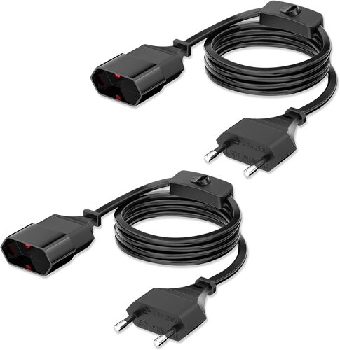 2M Câble d'alimentation Euro Câble,Câble d'alimentation avec Fiche Plate et Interruptrice,Câble de Rallonge pour Fiche Euro de Type C sur Prise Euro (0,75 mm²) pour TV PC Ordinateur Moniteur Lampe