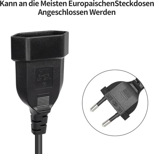 IEC C14 vers C13 + Euro Câble d'alimentation, 2-in-1 IEC C14 mâle vers IEC 13 Femelle & (CEE 7/16) Euro Femelle Câble d'extension pour TV PC Ordinateur Moniteur Beamer, 1FT 30cm