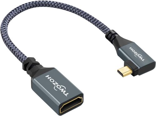 Adaptateur Left Angled Micro HDMI vers HDMI,Câble 90°Degree Micro HDMI Mâle vers HDMI Femelle Supporte 4K 3D 1080p (20CM)