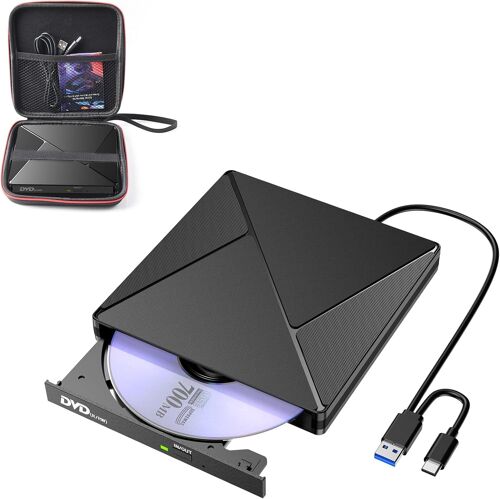 SUBZONAL-Lecteur CD Externe pour PC USB 3.0 et USBC Graveur DVD Externe Optique Portable CD/DVD-/RW Drive Transmission Rapide Câble USB Intégrée pour Windows/MacOS/Laptop/Desktops avec étui de Trans