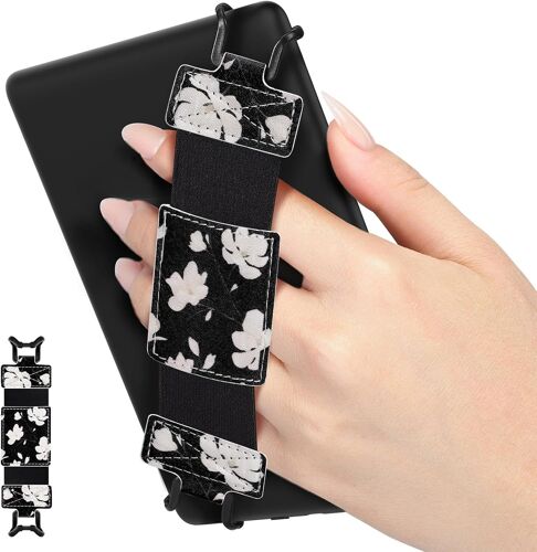 Dragonne Souple Pour 6-8"" Kindle Ereaders Fire Tablet Kobo/Voyaga/Sony Kindle E-Book Tablet, Sangle De Sécurité Tablette Polyvalente À Haute Élasticité Légère Support, Noir + Magnolia Blanche