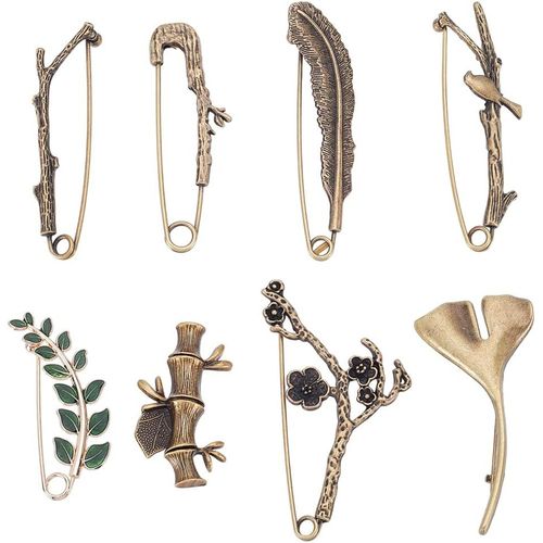 Kjdal-8 Épingle De Sûreté Vintage Broche De Sécurité Rétro Pour Pull Motif Feuille Plume Oiseau Branche Pour Hommes Et Femmes Manteaux Vestes Chapeaux Sacs Décoration