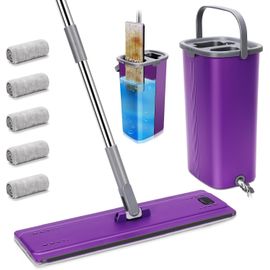 KALANKA-Serpillière Seau Essoreur, Balai Serpillère Plat Rotatif 360° et Seau Auto-Lavage avec 5 Tampons en Microfibre, Serpillere et Seau Essoreur Double Bac pour Nettoyer Sol (Violet)