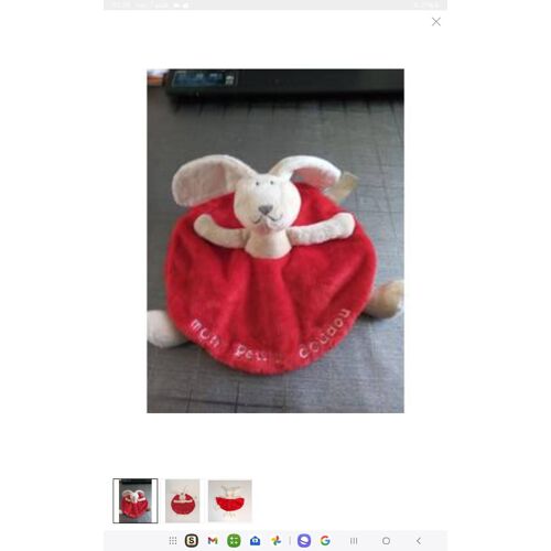 Doudou Plat Rond Tape À L'oeil Lapin Rouge Et Beige