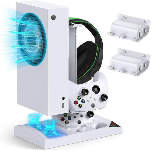 Support De Chargeur Avec Ventilateur De Refroidissement Pour Xbox Series S Console & Manette,Station D'accueil Verticale Avec 2 X 1400mah Batterie Rechargeable & Couvercle (Blanc)