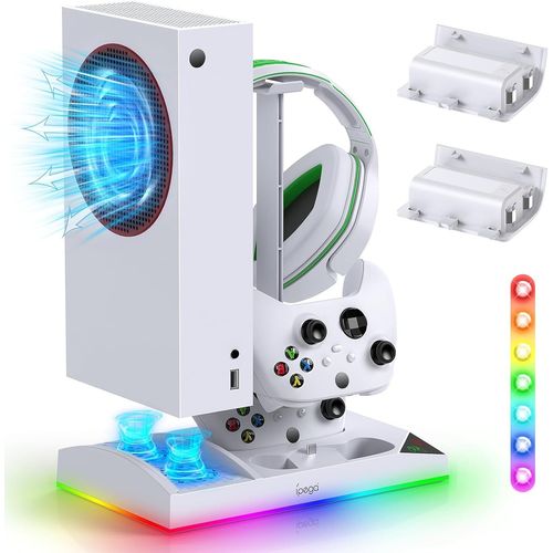 Support De Chargeur Avec Ventilateur De Refroidissement Pour Xbox Series S Console & Manette,Station D'accueil Verticale Avec 2 X 1400mah Batterie Rechargeable & Couvercle (Blanc Led)