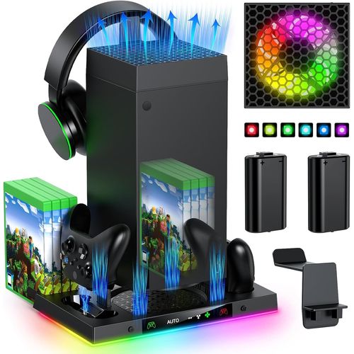Ventilateur De Refroidissement Automatique & Support De Charge Pour Console Xbox Series X Avec 15 Lumieres Led, Socle Accessoires Pour Manette Xbox Series X, 2*Piles Rechargeables& Support Pour Casqu