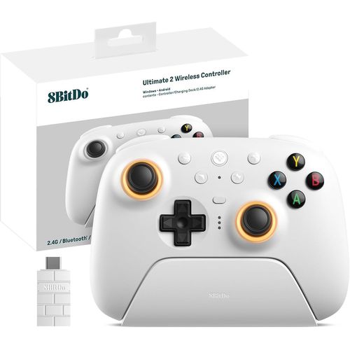 8bitdo Ultimate 2 Manette Sans Fil 2.4g Pour Pc Android, Mise Jour Tmr Joystick, Déclencheurs Tactiles/Effet Hall Commutables, Anneau Feu Rvb, Manette Jeu Sans Fil 8speed Avec Station Charge, Blanc