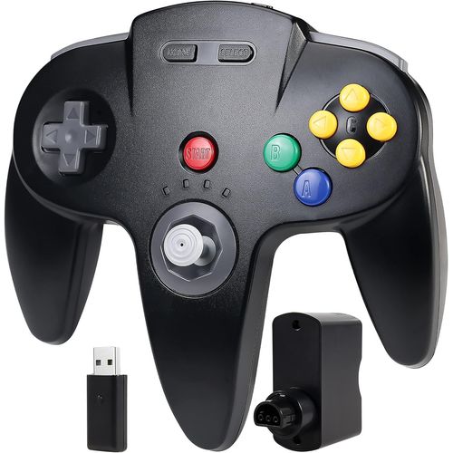 Wieless N64 Contrôleur, 2,4 Ghz Avec Récepteur Usb Récepteur N64 Manette De Jeu À Distance Compatible Avec La Console N64 Pc Windows Mac Raspberry Pi Switch (Noir)