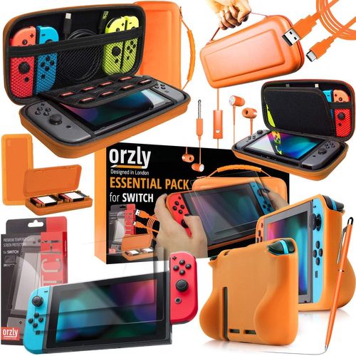 Nintendo Switch Accessoire, Pack De (Étui Rigide Pour Switch, Protecteurs D'écran En Verre Trempé, Câble Type C, Coque Comfort Grip, Écouteur, Stylo, Boite De Jeux) Orange
