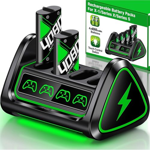 Lot De 4 Batteries 4080 Mwh Pour Manette Xbox One/Series S/X, Station De Charge Avec Lumière Rvb Cool, Batterie Rechargeable Compatible Avec Manette Sans Fil Xbox Series X|S/S/X/Elite