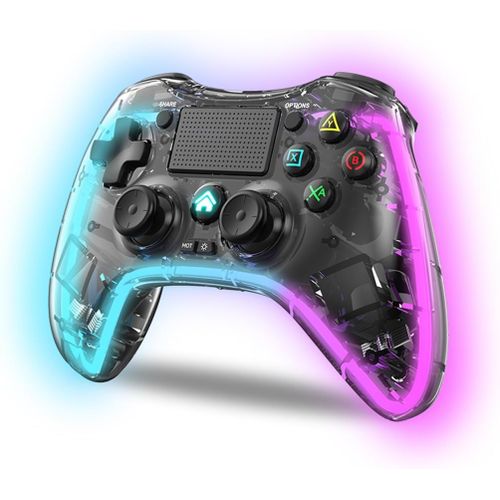 Manette Pour Ps4 / Pc/Android - Manette Sans Fil Avec 2-Shock, 6 Axes, 2 Boutons Macro, 7 Modes De Lumière Led, Pavé Tactile, Prise Casque, Câble De Charge Inclus - Noir Transparent