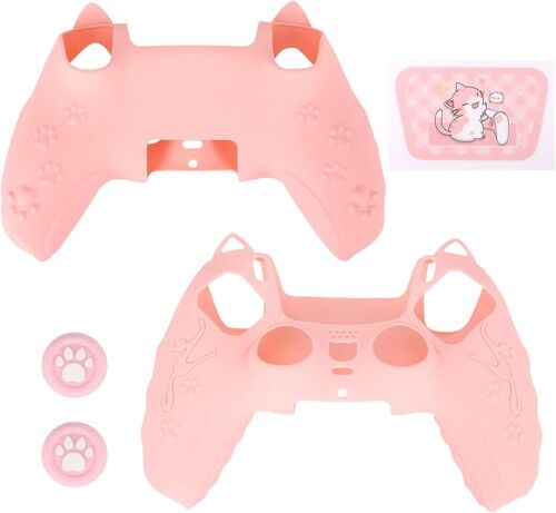 Ensemble Coque Rose Manette Pour Ps5, Patte Chat Mignonne Housse Antidérapante En Silicone Accessoires De Ps5 Manette Sans Fil Coque Protection Avec Coussins Pouce & Autocollant Pavé Tactile