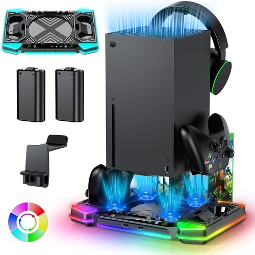 Station-Charge&support Pour Console Xbox Series X,Station De Chargement&ventilateur De Refroidissement Pour Accessoires Xbox Series X Avec 11 D'éclairage Rvb,2*1400 Mah Rechargeable Batteries,Stockag