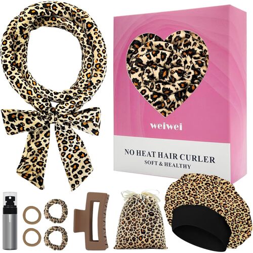 Velours Bigoudis Boucle Doux Pour Dormir, Extra-Longue Boucleur De Cheveux Sans Chaleur Heatless Hair Curlers Kit Pour Cheveux Moyens Et Longs, Léopard
