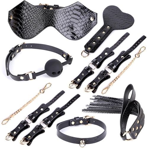 Kal-Kit Bondage 7 Pièces Réglable Cuir Sex Toys Extrêmement Ficelle Set Avec Menottes Fouet Bâillon Manille Bdsm Sex Toys Pour Couples (Black)