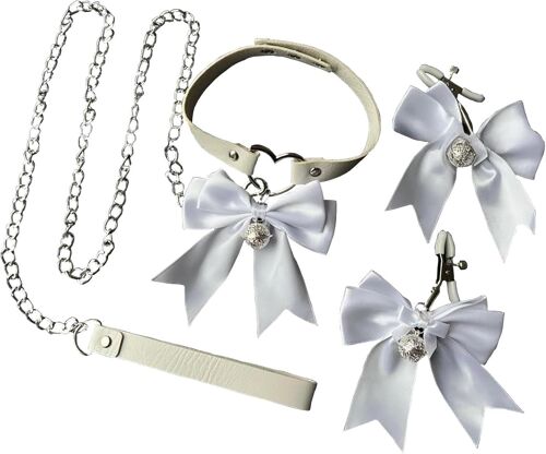 Kal-Kit Bdsm Avec Grand Noeud, Pinces À Tétons, Collier Avec Laisse Et Clochette, Idéal Pour Les Jeux De Rôle Et Le Fétichisme Du Sexe Pour Couples Adultes (White)