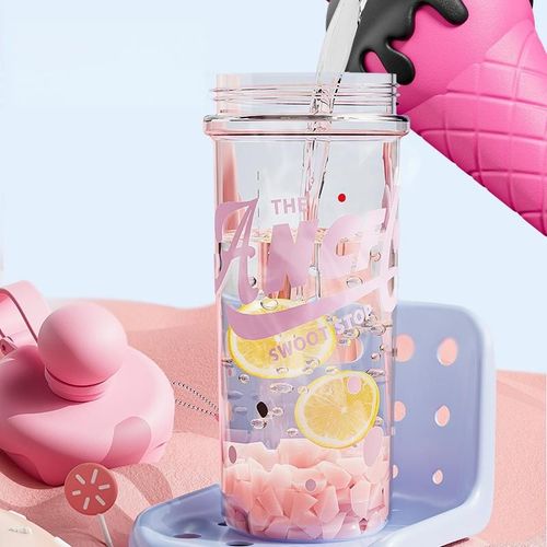 Belle Tasse De Fille En Forme De Cône, Avec Ceinture, Séparateur De Thé, Grande Capacité, Paille, Plastique, Pour Le Sport. (Couleur Rose)