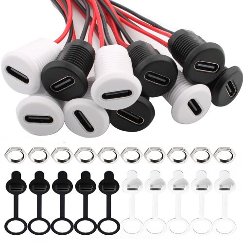 KAL-10Pièces Connecteur Usb C A Souder Prise Femelle,Ronde Usb C 2 Fils Femelle Connecteur Panneau,150Mm 24 Awg, Avec Cache-Poussière Et Écrous, Noir Blanc Avec Fonction Pd