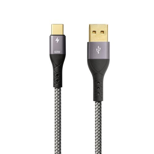 ERSAN-Câble USB A vers USB C 60 W QC 3 A 2 m Gris Contact Or Textile Câble de données USB Charge rapide pour ordinateurs portables, ordinateurs portables et téléphones portables