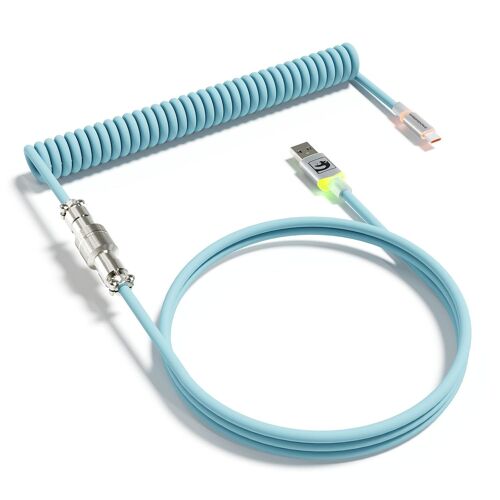 KAL-C01Ultra Câble De Clavier Spiralé, Type C Vers Usb A Avec Aviateur Métallique Détachable, Éclairage D'Interface Rvb, Câble De Clavier Spiralé Usb C Pour Clavier De Jeu Pc -Light Blue