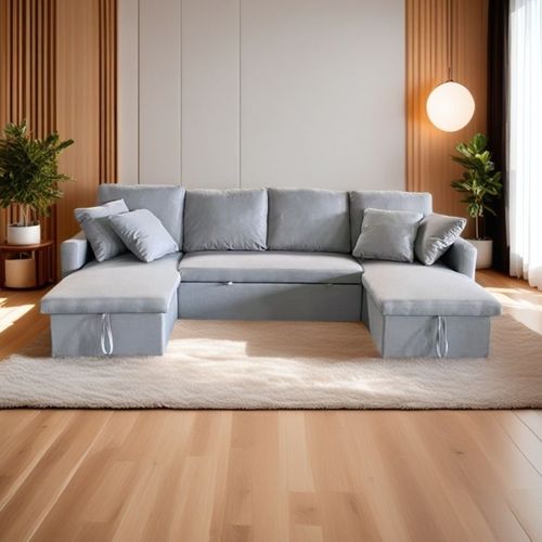 Canapé Panoramique Convertible 4 Places En Tissu Avec Coffre Mahé - Gris Clair
