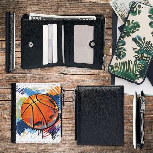 Portefeuille Graffiti de basket-ball=29 Compact en Simili-Cuir Porte-Cartes Fermeture Éclair Homme Femme Ad