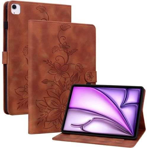 Kal-Coque Pour Ipad Air 11 (M3/M2 2025/2024)/ Ipad Air 5/4 10.9""/ Ipad Pro 11, Multi-Angles De Visualisation Housse De Protection En Similicuir Avec Porte-Carte Couverture Motif Lys, Marron