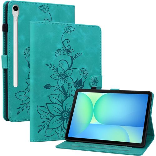Kal-Coque Pour Samsung Galaxy Tab S10 Fe 2025 10.9""/S9 Fe 2023 10.9""/S9 2023 11"", Multi-Angles De Visualisation Housse De Protection En Similicuir Avec Porte-Carte Couverture Motif Lys, Vert