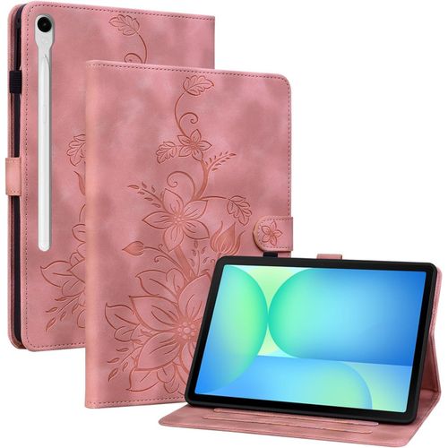 Kal-Coque Pour Samsung Galaxy Tab S10 Fe 2025 10.9""/S9 Fe 2023 10.9""/S9 2023 11"", Multi-Angles De Visualisation Housse De Protection En Similicuir Avec Porte-Carte Couverture Motif Lys, Rose