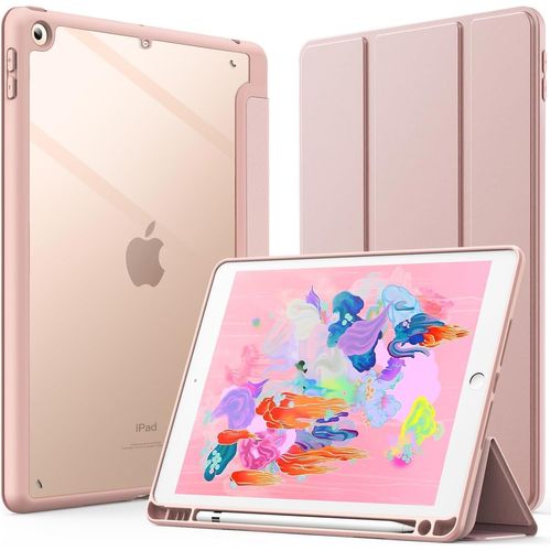 Tea-Coque Pour Ipad 9,7 Pouces (6ème/5ème Génération, 2018/2017) Avec Porte-Pencil, Étui Arrière Transparent Fin Support Antichoc Tablette (Or Rose)