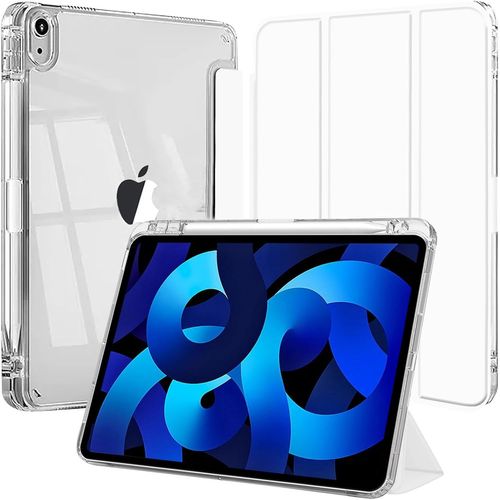 Kal-Coque Pour Ipad Air 11 Pouces M3/M2 (2025/2024), Ipad Air 5eme/4eme Génération 10,9 Pouces 2022/2020 Avec Porte Pencil, Étui Arrière Transparent Support Antichoc Tablette, Blanc