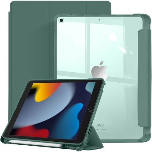KAL-Coque Pour Ipad 9/8/7 10,2 Pouces (2021/2020/2019, 9Ème/8Ème/7Ème Génération) Avec Porte Pencil, Dos Translucide Mat Fin Étui Protection Pour Tablette (Vert Minuit)