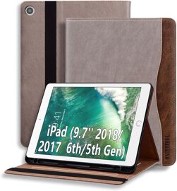 Coque pour iPad 6ème/5ème Génération 9.7"" 2018/2017 Tablette Housse de Protection Étui Porte-Stylo Support Multi Angles avec Auto Schlaf/Aufwach en Cuir PU pour iPad Air 1/2 Kaki