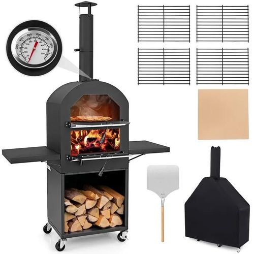 Four à Pizza Extérieur COSTWAY-2 Grilles-Thermomètre-Multi Combustible,4 Roulettes Portable-Pierre 30,5cm-Housse de Protection