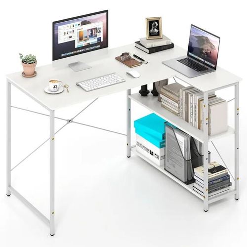 Costway Bureau D¿Angle Réversible Avec 2 Étagères Réglables - Cadre Métallique Robuste 118 X 86 X 74 Cm Blanc
