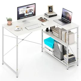 Costway Bureau D¿Angle Réversible Avec 2 Étagères Réglables - Cadre Métallique Robuste 118 X 86 X 74 Cm Blanc