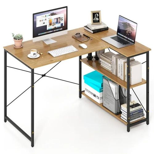 Costway Bureau D¿Angle Réversible Avec 2 Étagères Réglables - Cadre Métallique Robuste 118 X 86 X 74 Cm Naturel