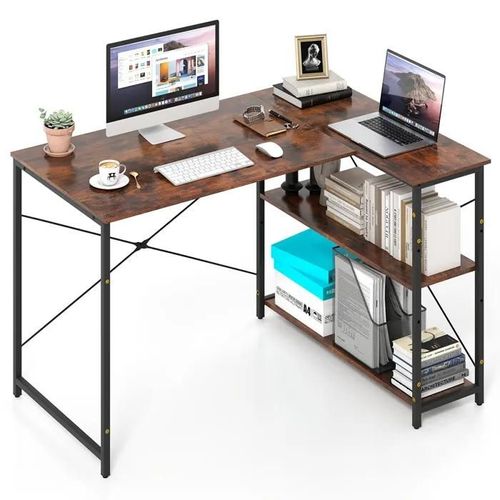 Costway Bureau D¿Angle Réversible Avec 2 Étagères Réglables - Cadre Métallique Robuste 118 X 86 X 74 Cm Marron
